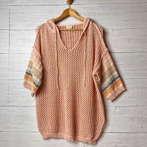 POL Pullover Womens Size Large Coral Open Knit Hooded Sweater Coastal Beach